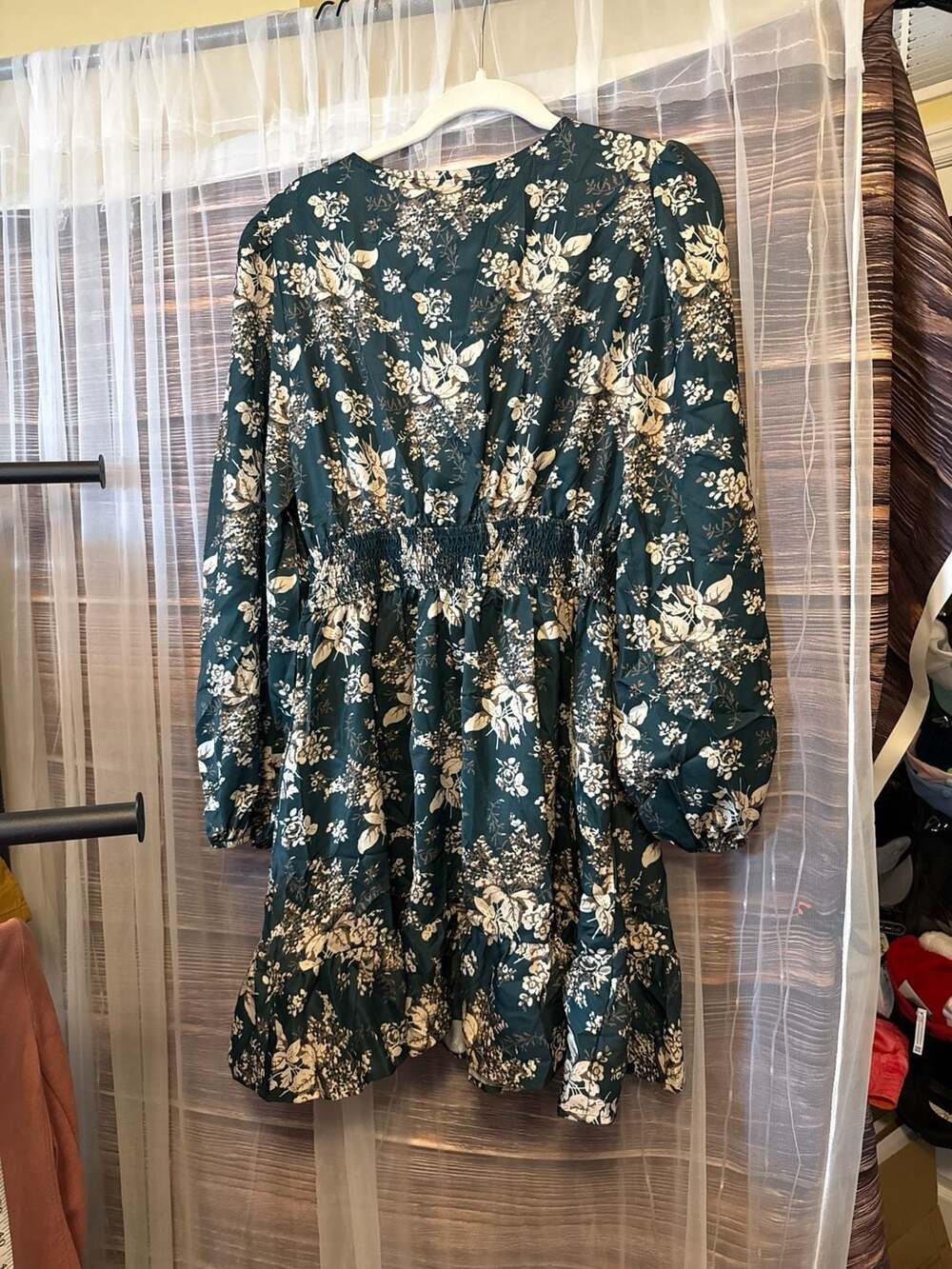 Cupshe Green Floral Blouson Sleeve Smocked Waist Mini Dress - Picture 4 of 4